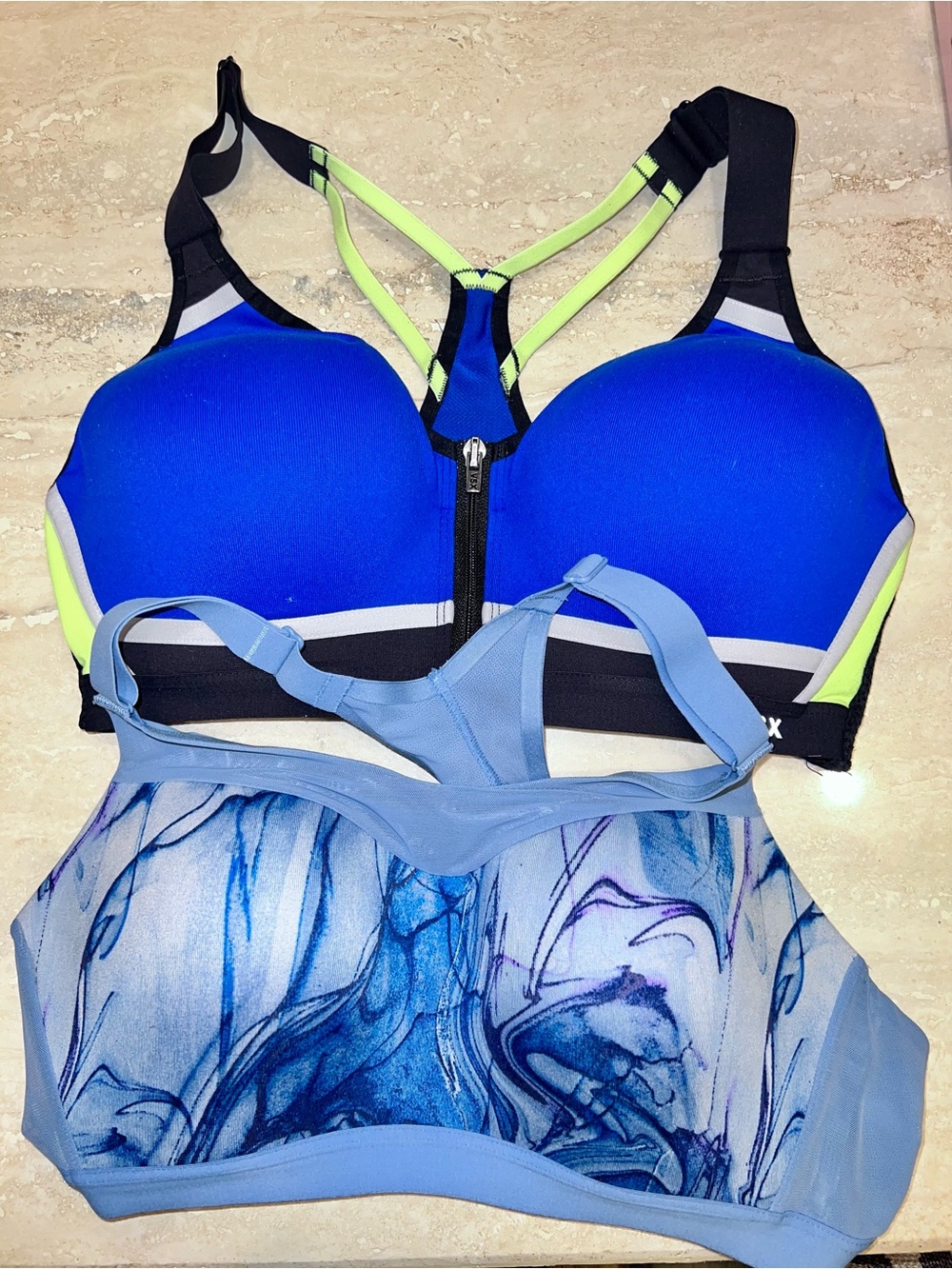 Two Victoria Secret Blue Sports Bras - High Support Front-Zip & Marble Longline